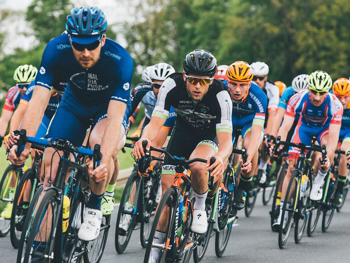 Road cyclists riding in a group during a race