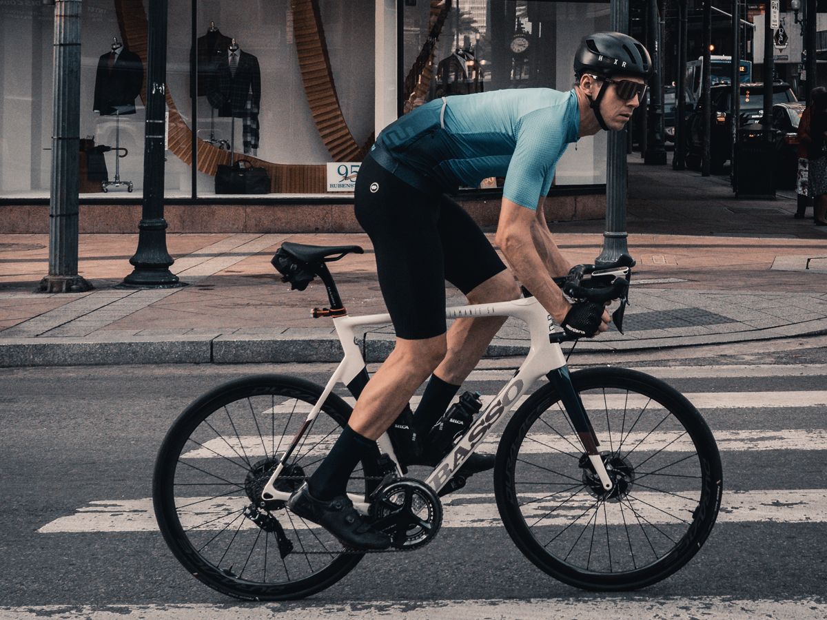 Cyclist riding Basso Shimano Dura Road bike 