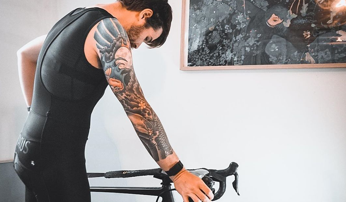 Chris Hall riding indoors on a Cervelo bike