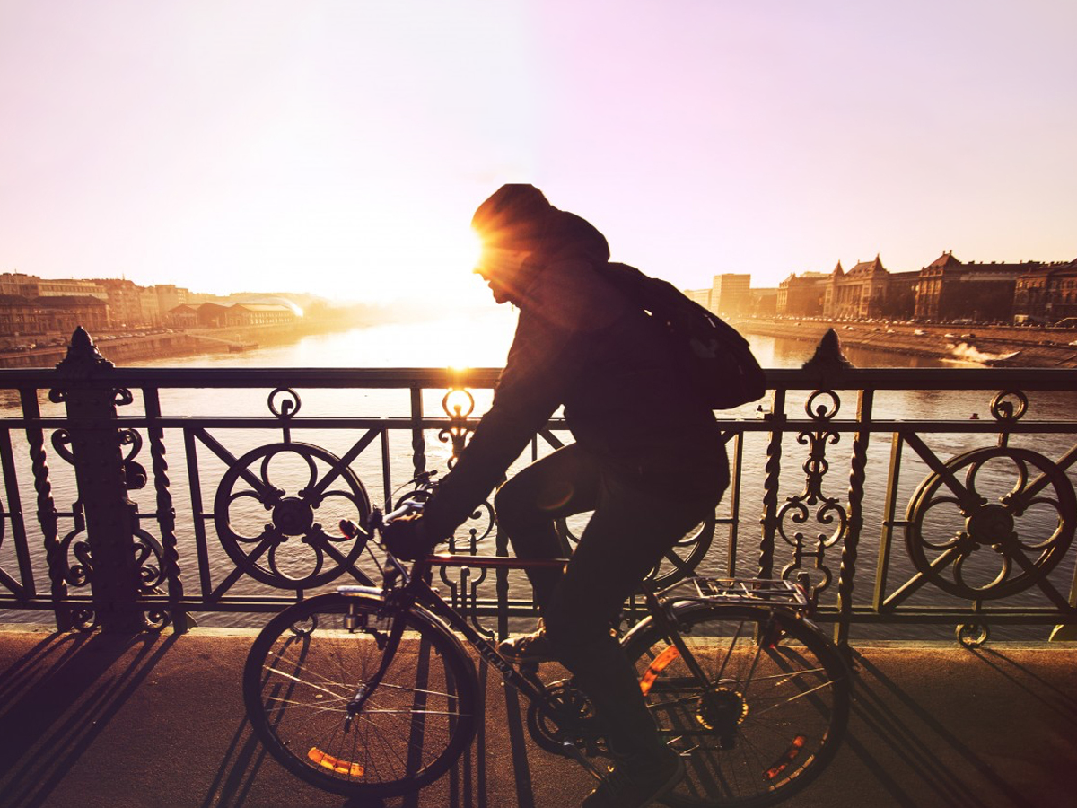 Cyclist riding in sunset