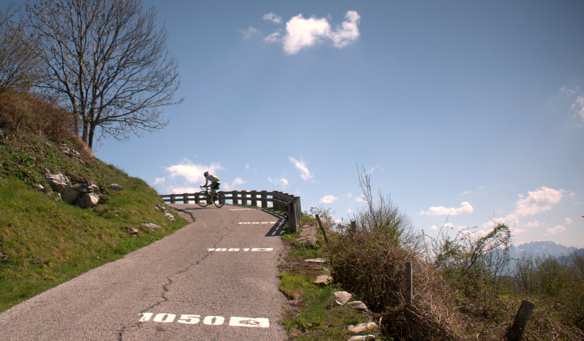 Cyclist riding up the Muro di Sormano