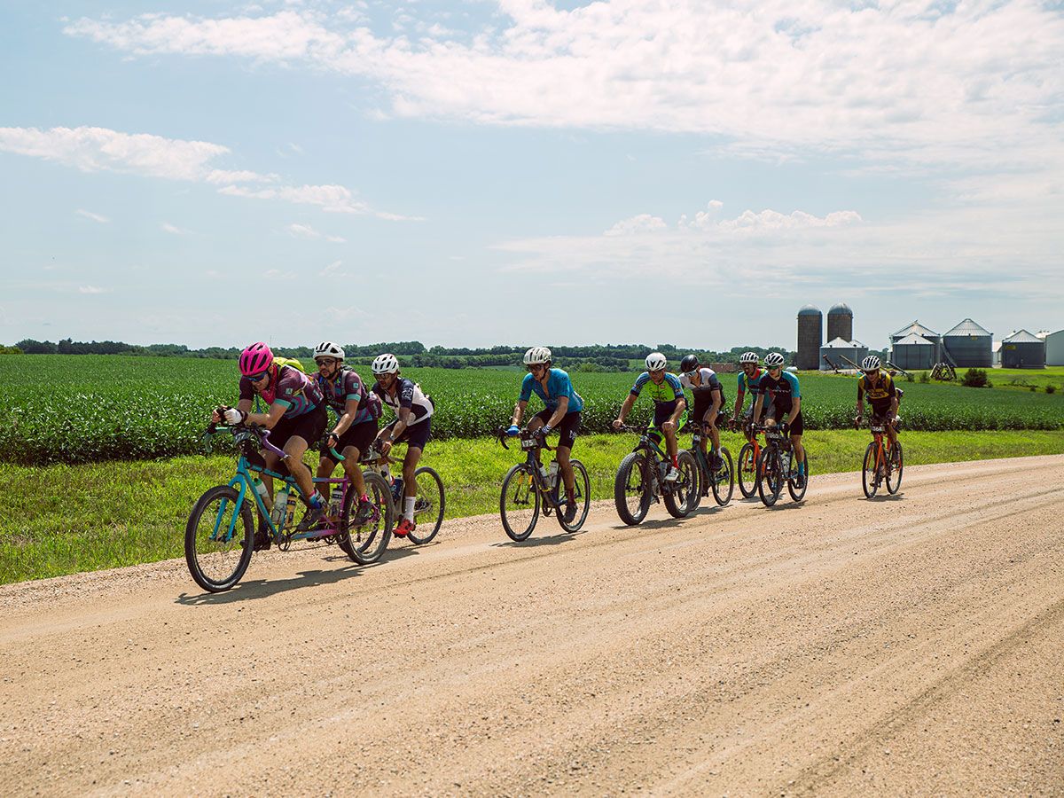 Cyclists racing on gravel at the Gravel Worlds in Nebraska