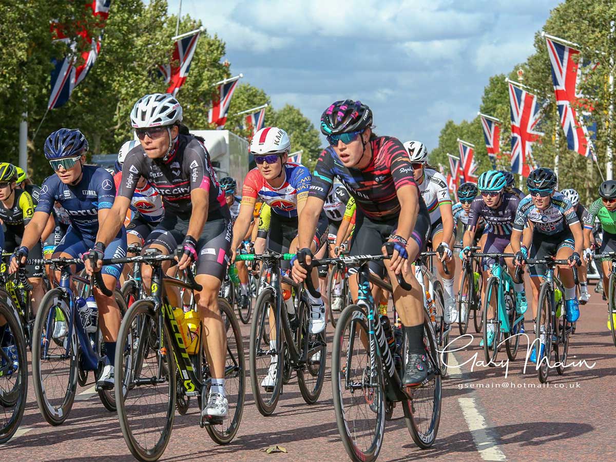 Women racing on bikes in London